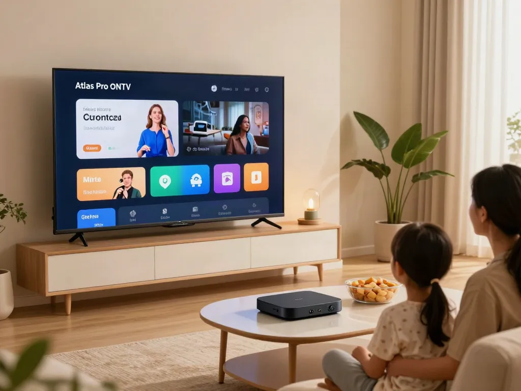 Téléchargement de l'application Atlas Pro ONTV sur un téléviseur moderne avec un cadre familial convivial.