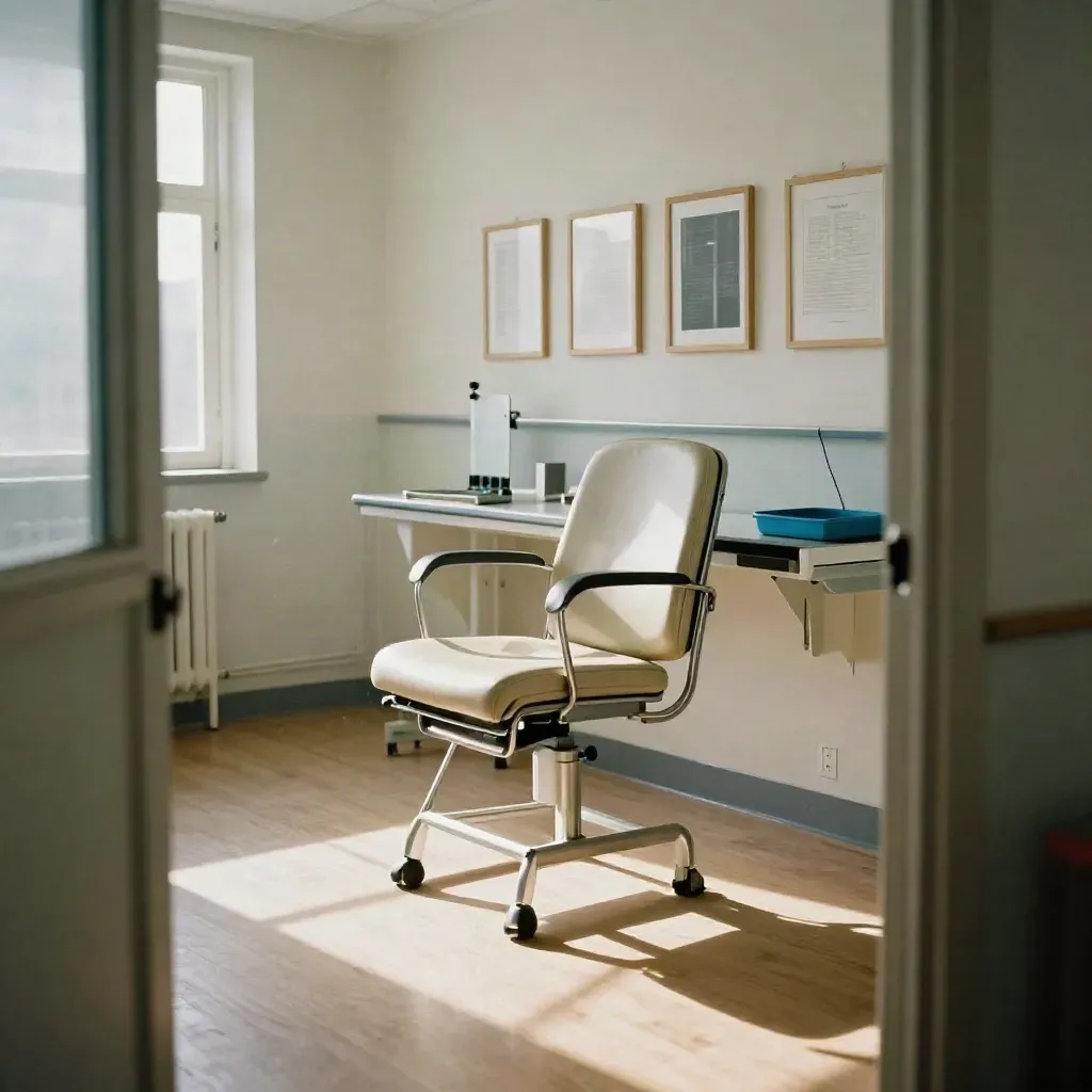 Cabine d’examen de vue vide, chaise allumée, occludeur et montures d’essai près d’un comptoir.