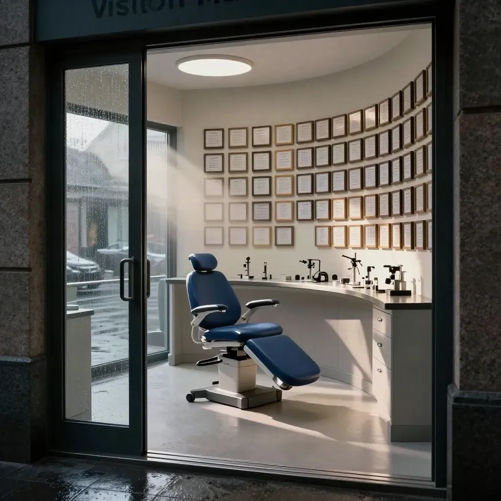 Intérieur d’optique moderne, fauteuil vide, montures courbes et reflets de pluie.
