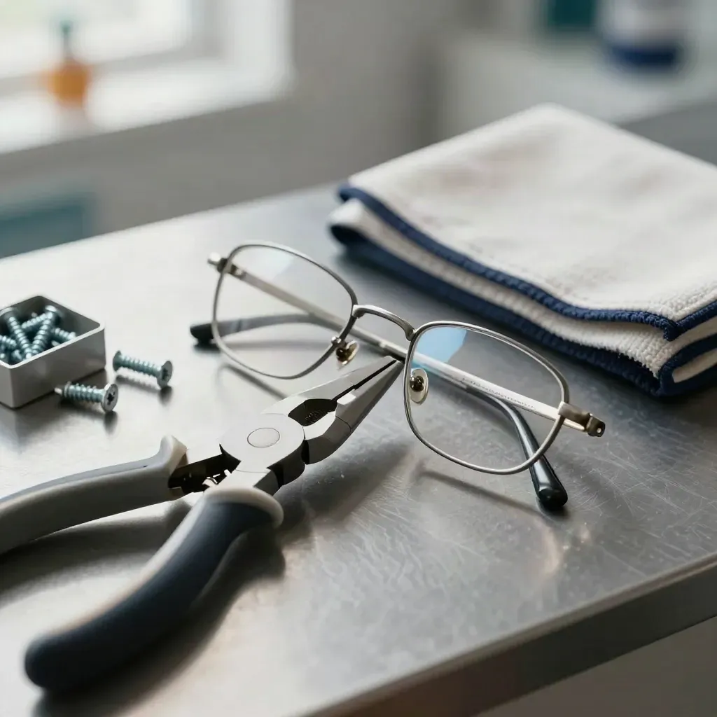 Pince de réglage, vis et branche de lunettes sur métal brossé, accent bleu marine.