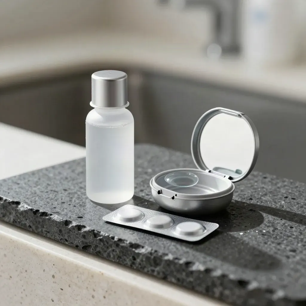 Kit de lentilles de contact ouvert avec flacon de sérum, étui miroir et blister sur pierre sombre.