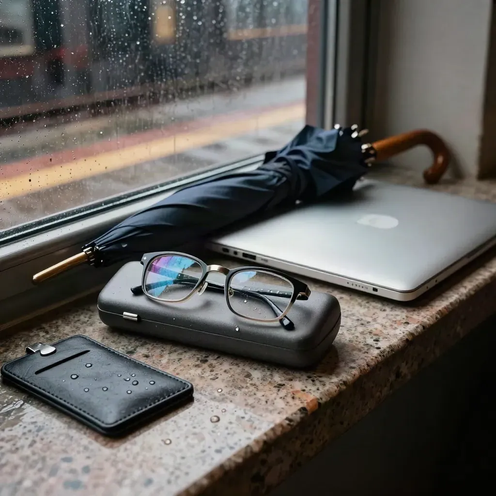 Des lunettes de navetteur, étui, ordinateur fermé et parapluie sur une marche de pierre sous la pluie.