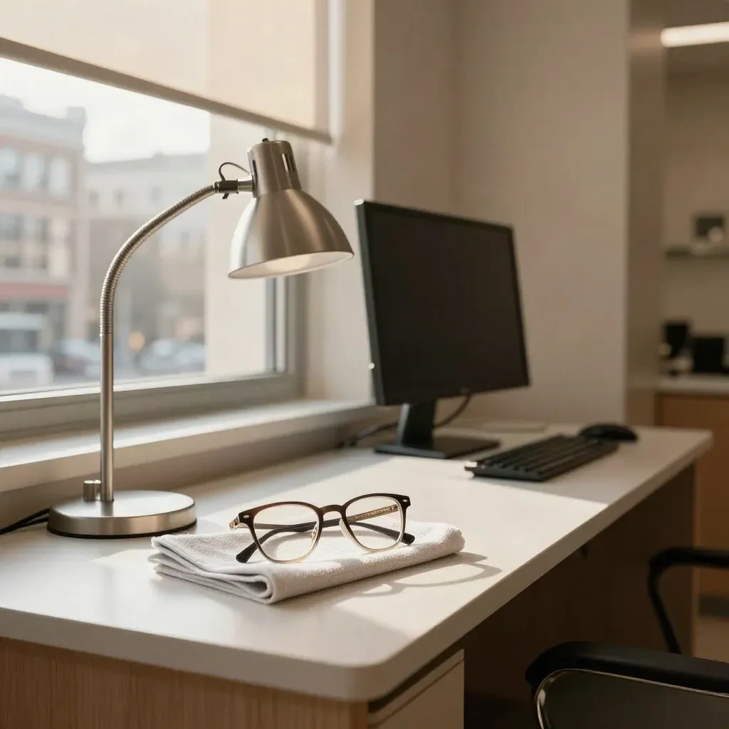 Bureau d’optométrie vide, lunettes ajustées près d’une fenêtre et rideau anti-éblouissement.