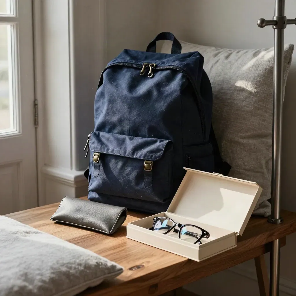 Sac à dos, étui à lunettes et deux boîtes de montures prêts sur un banc d’entrée.