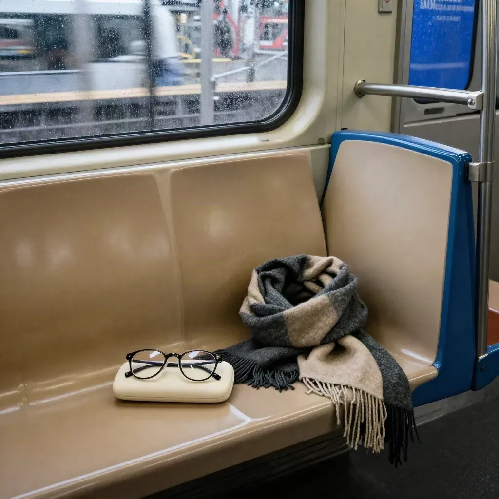 Siège de métro vide, étui à lunettes, écharpe pliée et vitre mouillée floutée