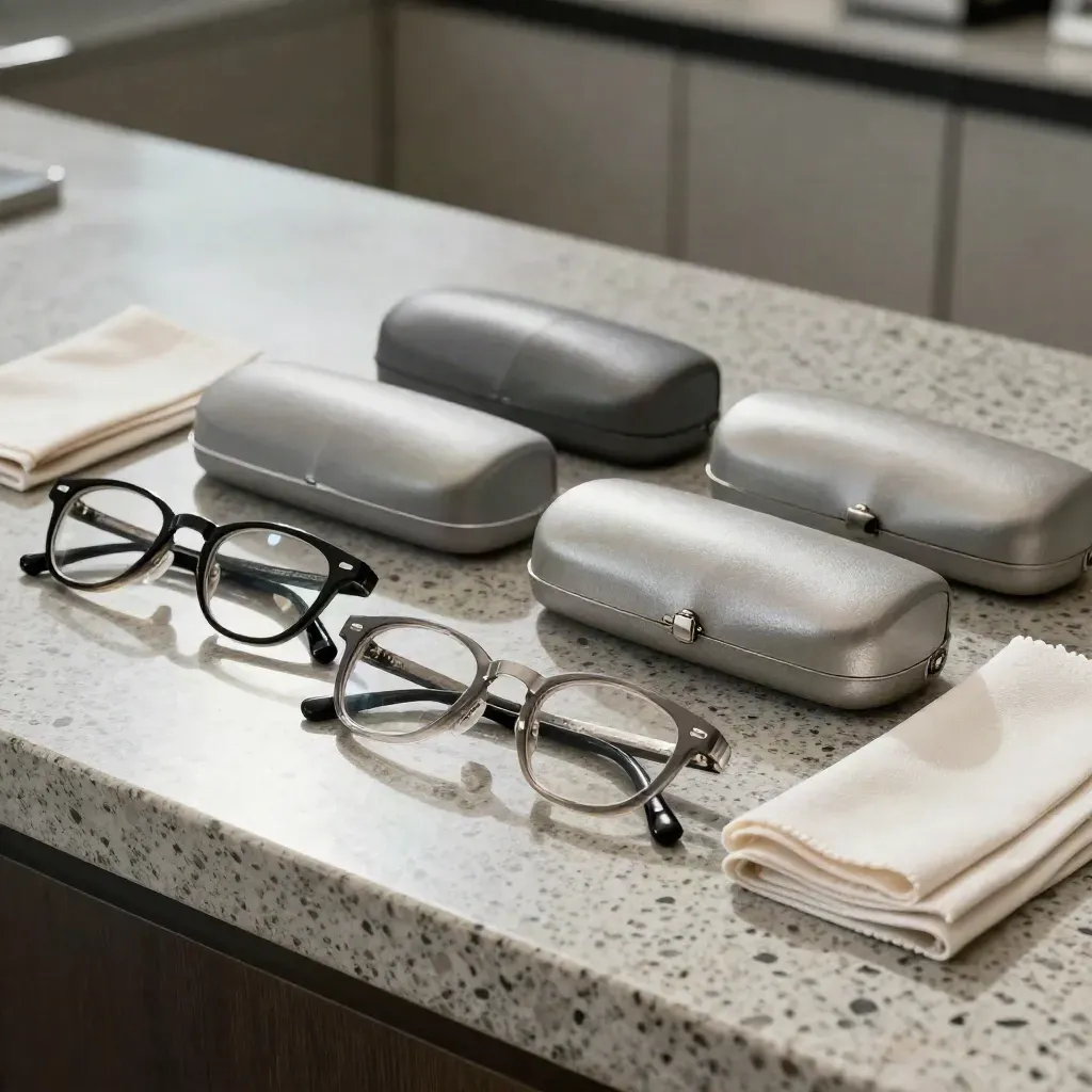 Trois paires de lunettes réglées avec étuis et chiffons sur un comptoir en travertin.