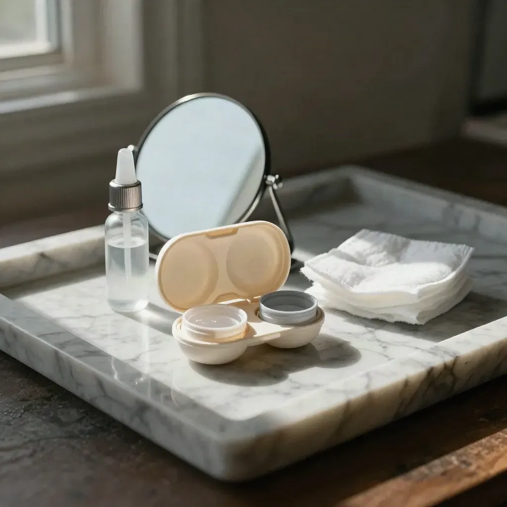 Kit de lentilles de contact ouvert sur plateau de marbre, flacon de saline et miroir en clair-obscur.