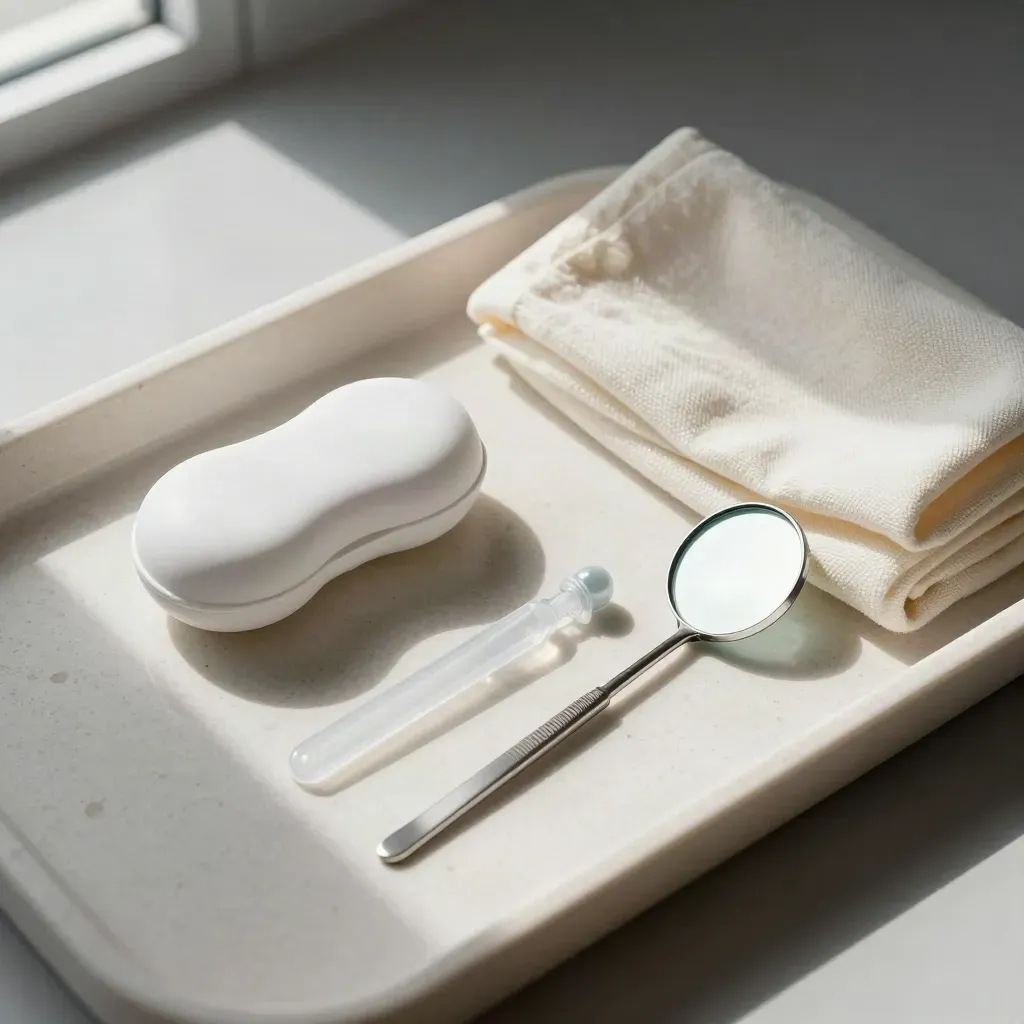 Kit pour lentilles sur plateau blanc, disposé en diagonale, lumière clinique douce.