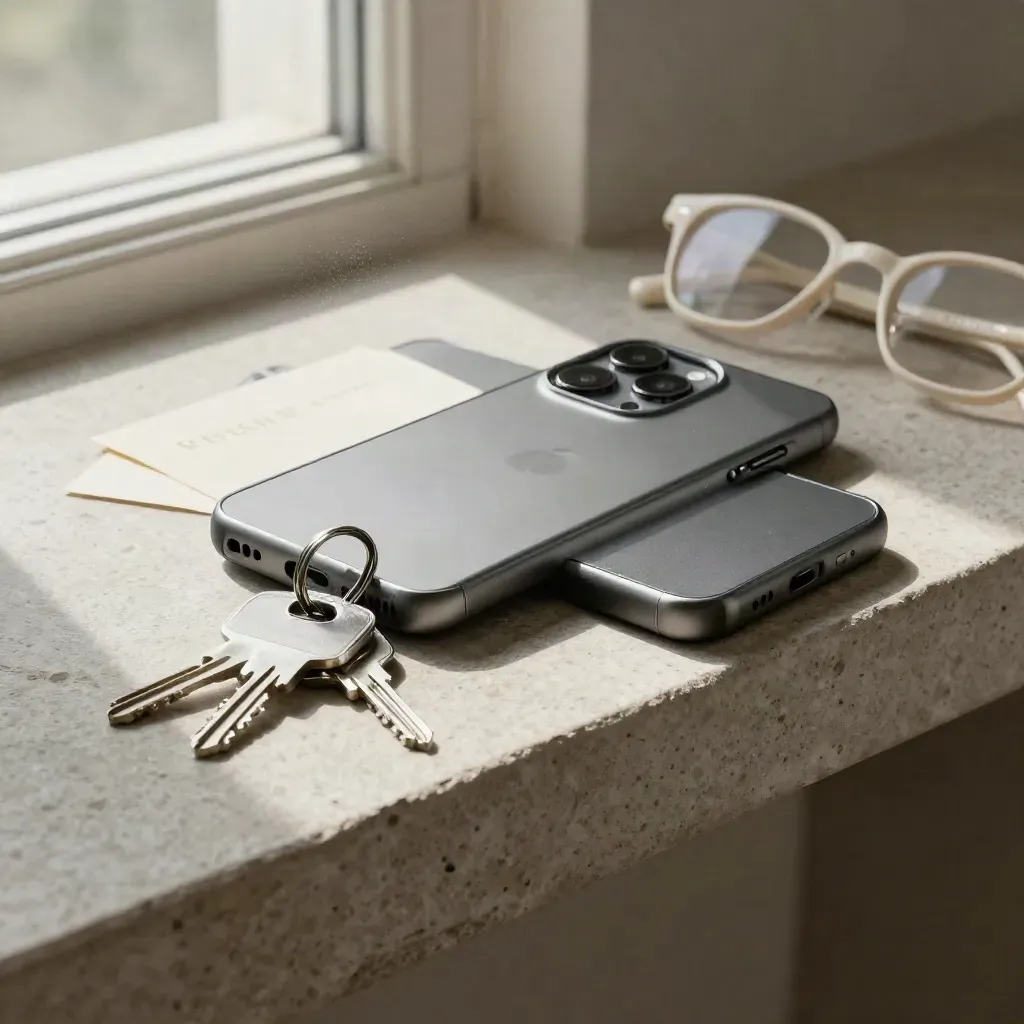 Smartphone, clés et étui à lunettes sur une étagère en pierre, lumière douce du matin.