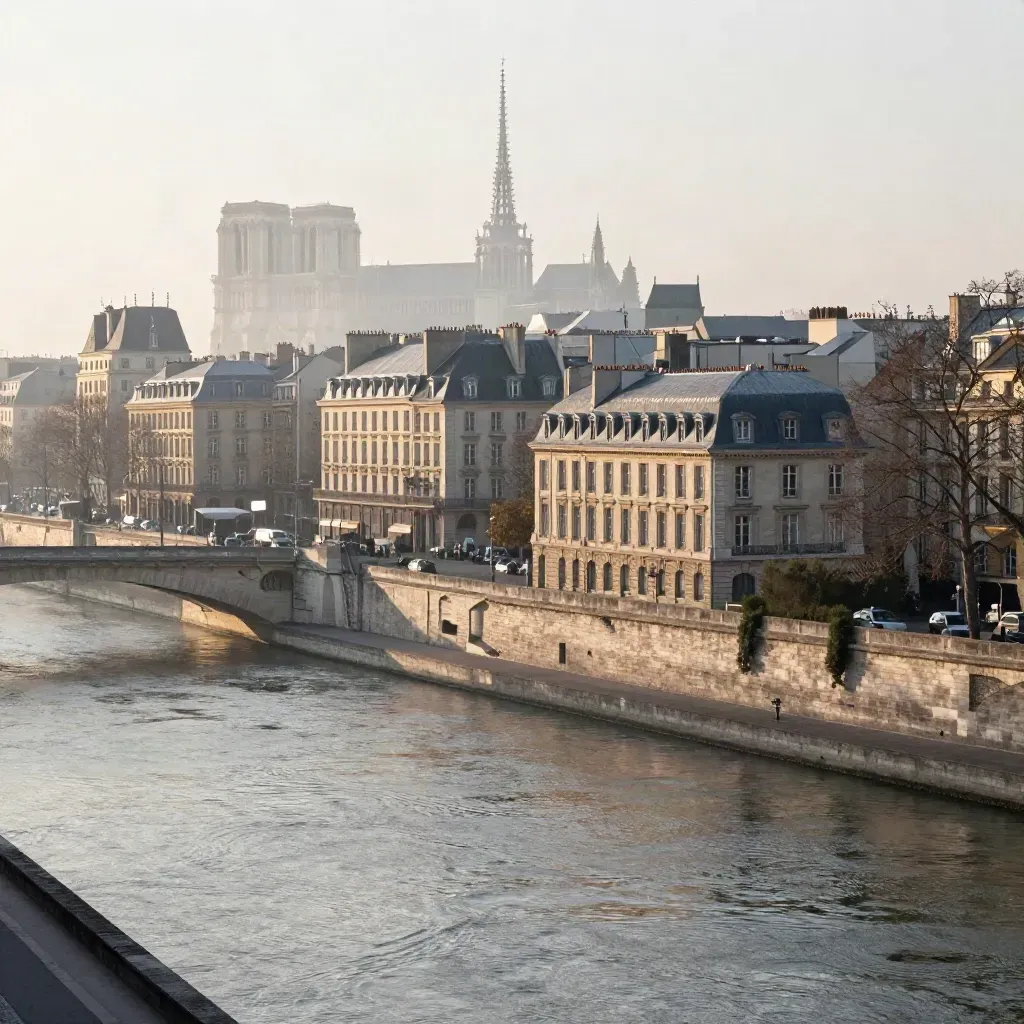 Paris brumeux à l’aube, Seine calme et toits lointains au-dessus de l’île de la Cité.
