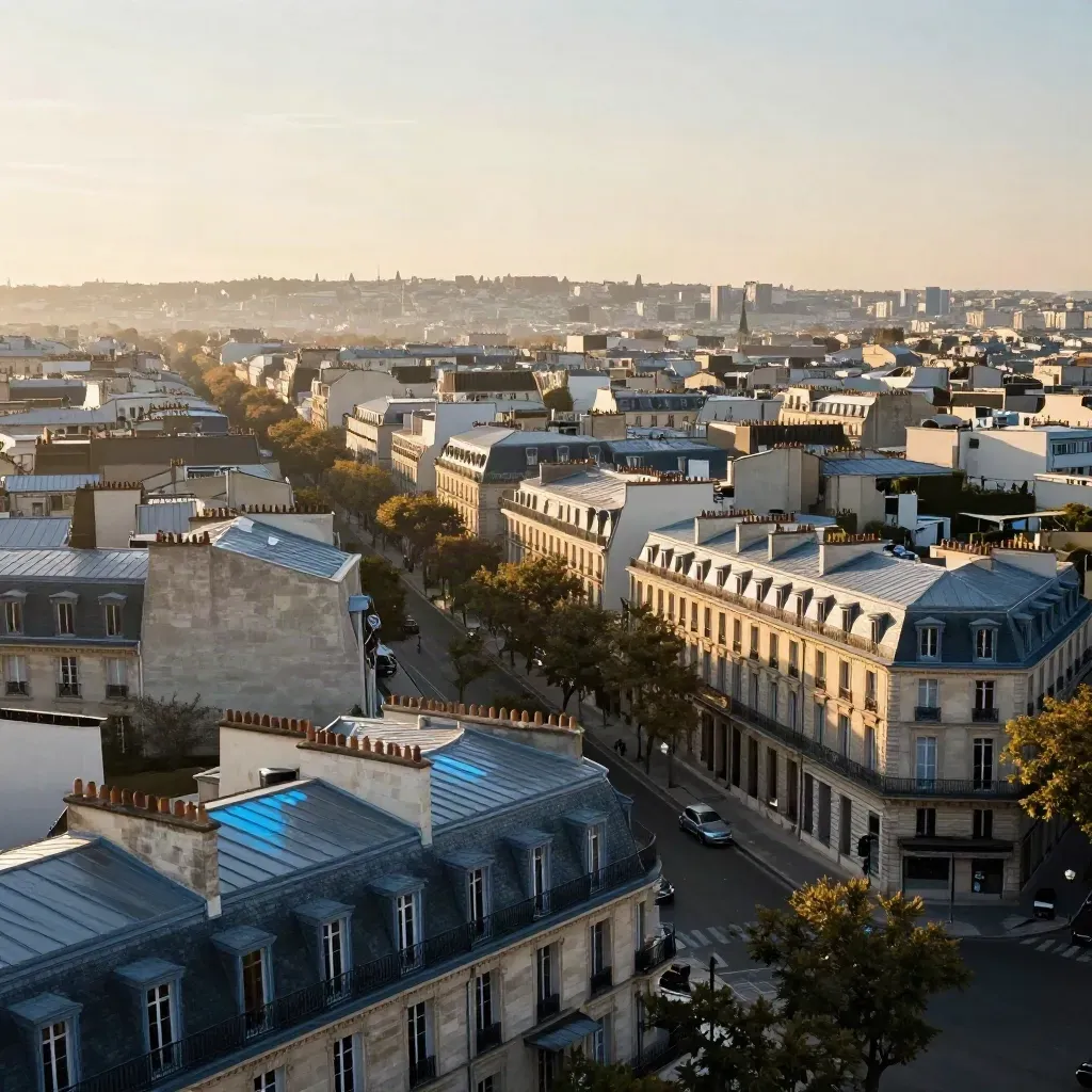 Vue aérienne de l’ouest parisien au golden hour, toits haussmanniens et horizon brumeux.