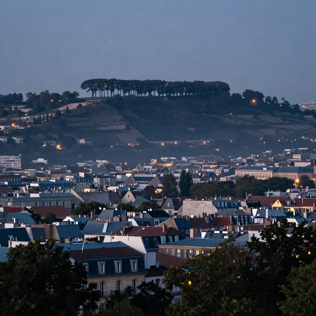 Vue atmosphérique de Montreuil au crépuscule, avec les toits et la treille de Vincennes dans la brume.